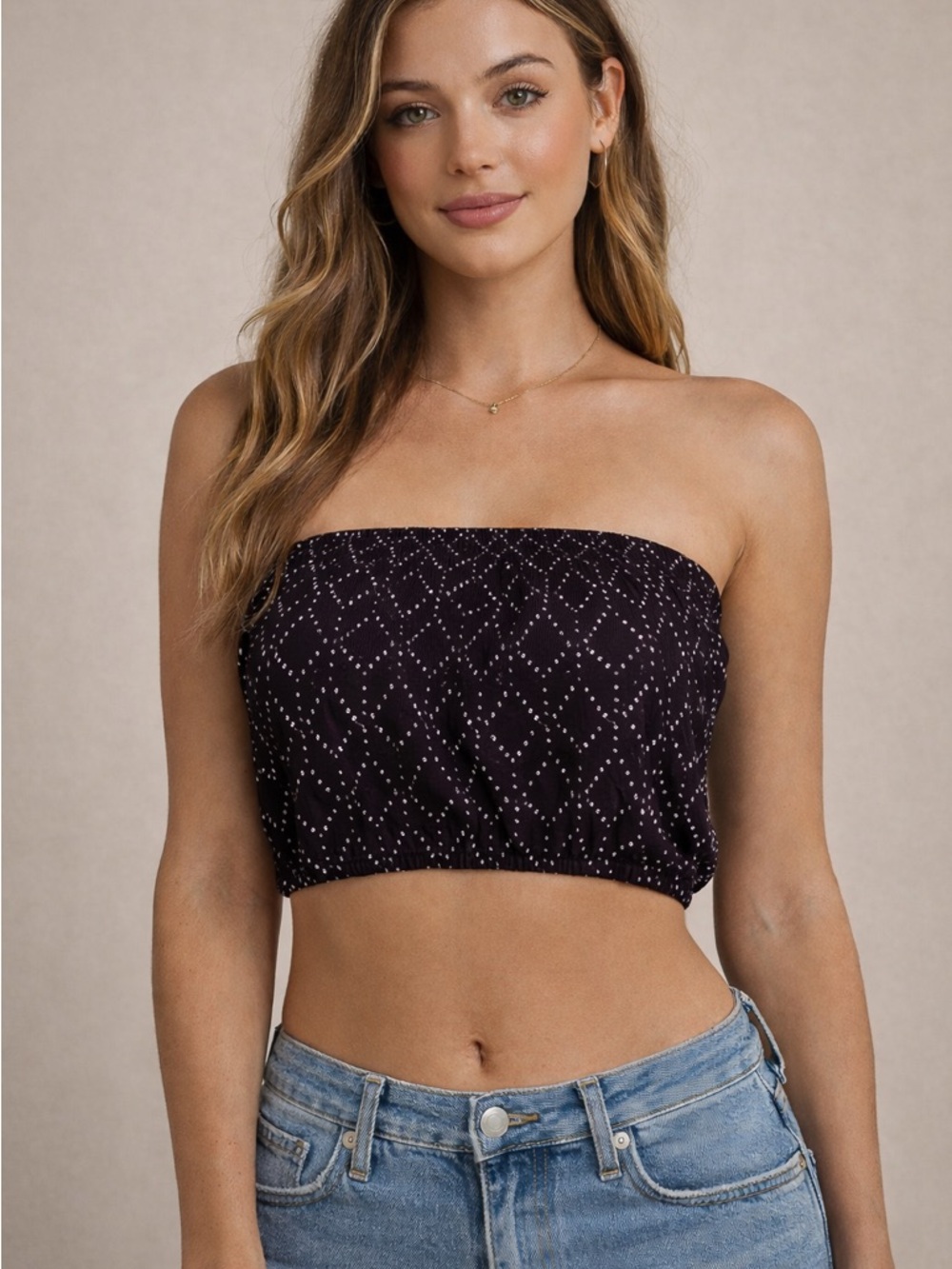 Strapless Black Diamond-Print Smocked Crop Top